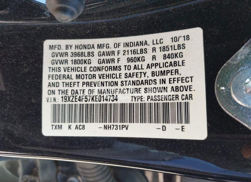 Photo 9 of 2019 Honda Insight EX (VIN 19XZE4F57KE014734)