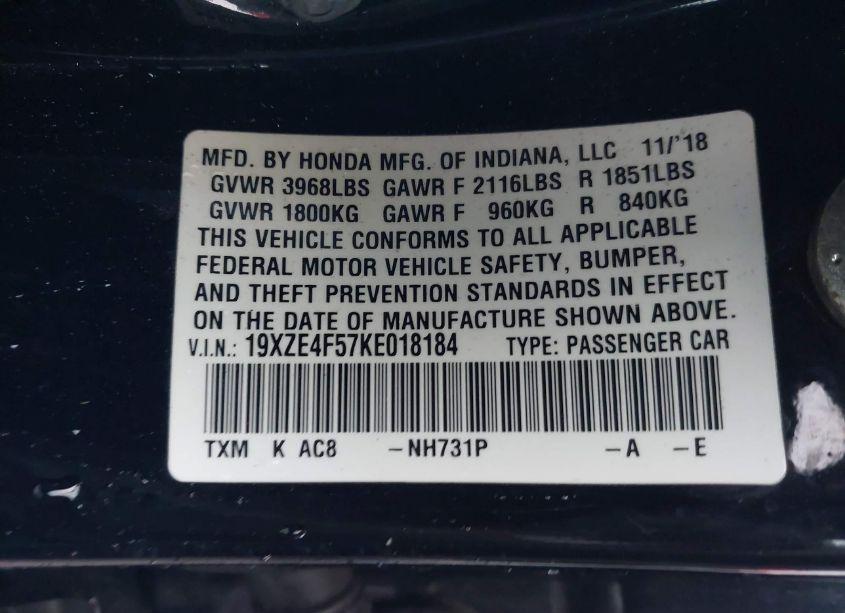 Photo 9 of 2019 Honda Insight EX (VIN 19XZE4F57KE018184)