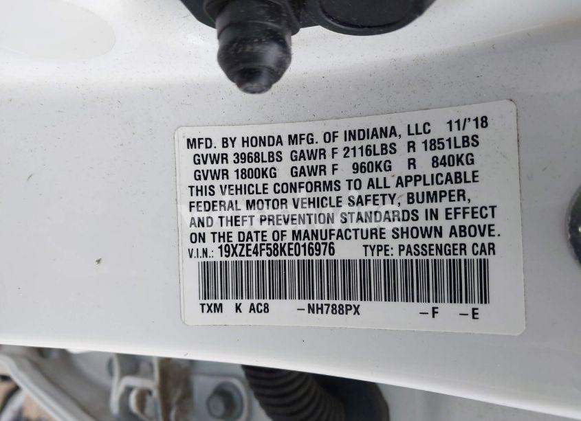 Photo 9 of 2019 Honda Insight EX (VIN 19XZE4F58KE016976)