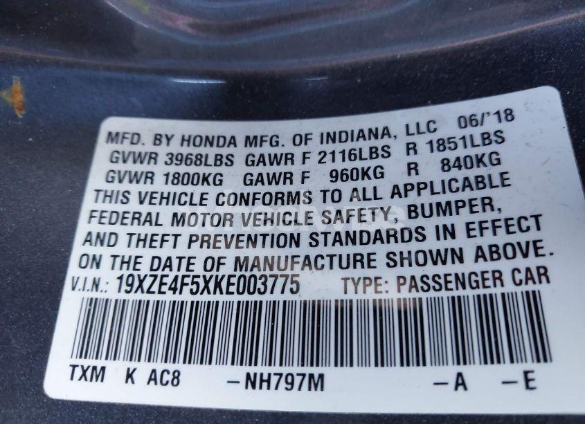 Photo 9 of 2019 Honda Insight EX (VIN 19XZE4F5XKE003775)