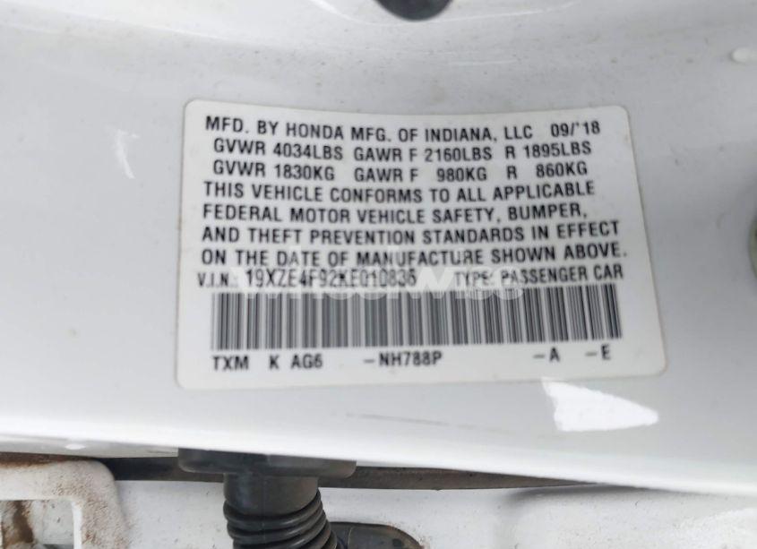 Photo 9 of 2019 Honda Insight TOURING (VIN 19XZE4F92KE010836)