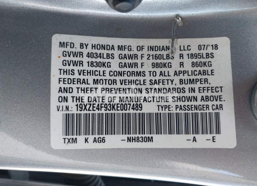 Photo 9 of 2019 Honda Insight TOURING (VIN 19XZE4F93KE007489)