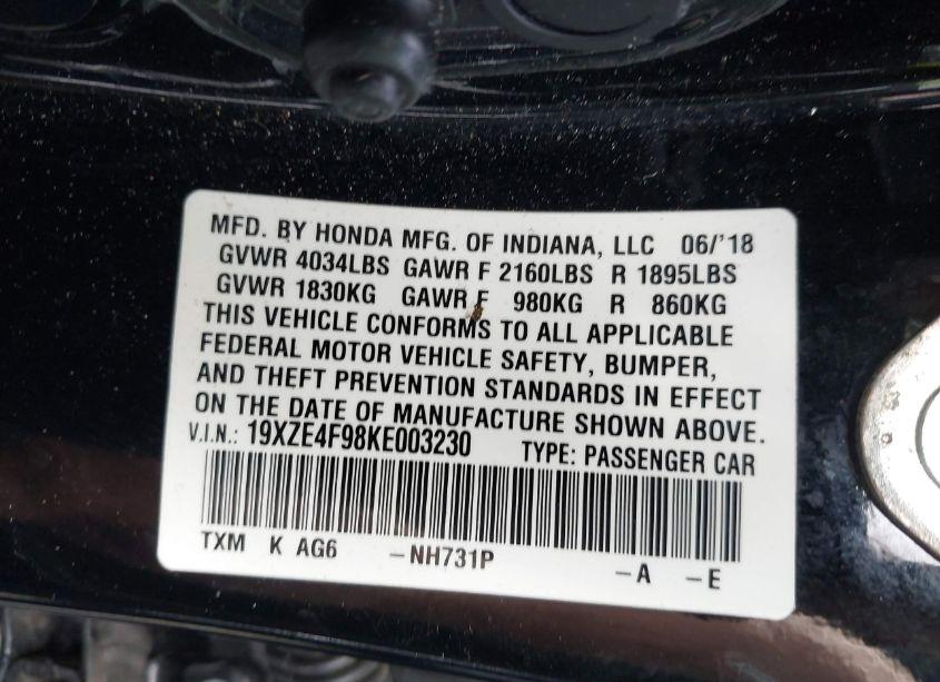 Photo 9 of 2019 Honda Insight TOURING (VIN 19XZE4F98KE003230)