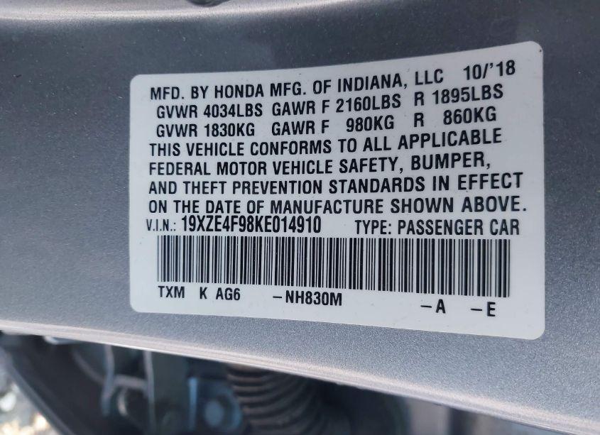 Photo 9 of 2019 Honda Insight TOURING (VIN 19XZE4F98KE014910)