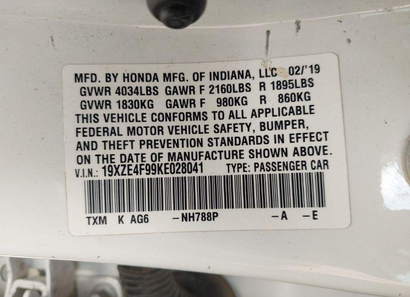 Photo 9 of 2019 Honda Insight TOURING (VIN 19XZE4F99KE028041)