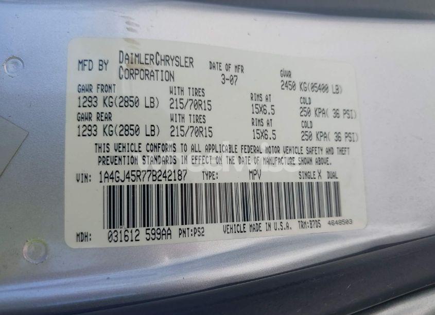 Photo 9 of 2007 Chrysler Town & COUNTRY (VIN 1A4GJ45R77B242187)