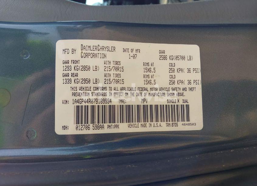 Photo 9 of 2007 Chrysler Town & COUNTRY LX (VIN 1A4GP44R07B189994)