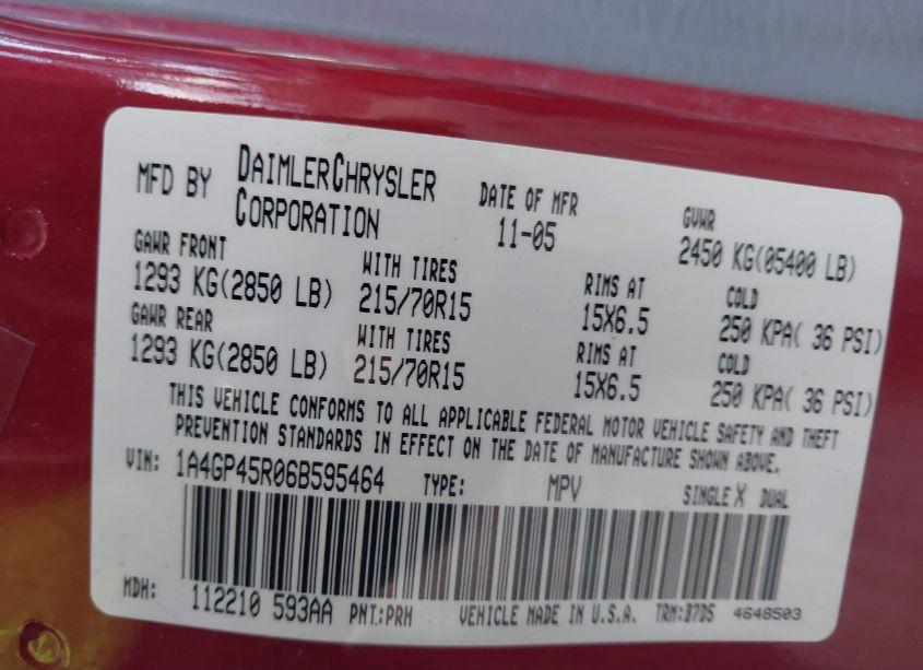 Photo 9 of 2006 Chrysler Town & COUNTRY (VIN 1A4GP45R06B595464)