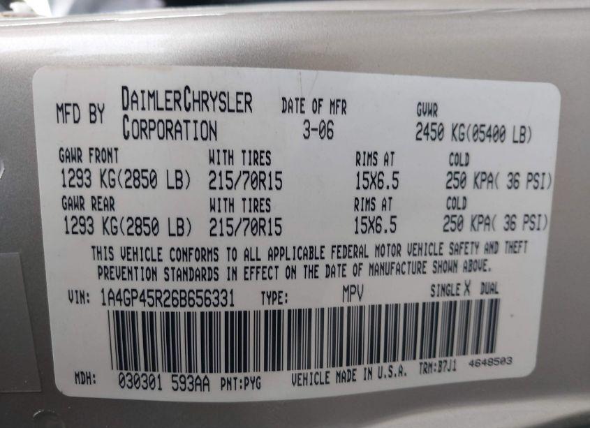 Photo 9 of 2006 Chrysler Town & COUNTRY (VIN 1A4GP45R26B656331)