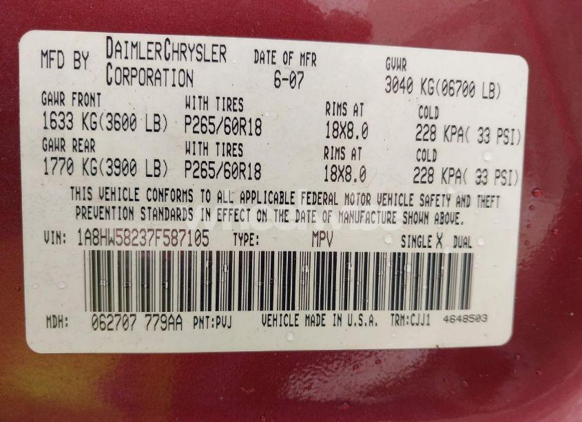 Photo 9 of 2007 Chrysler Aspen LIMITED (VIN 1A8HW58237F587105)