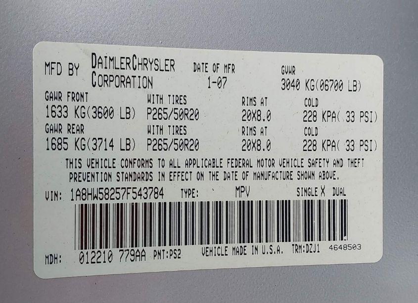 Photo 9 of 2007 Chrysler Aspen LIMITED (VIN 1A8HW58257F543784)