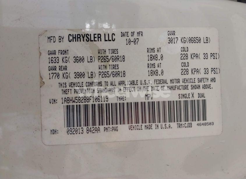 Photo 9 of 2008 Chrysler Aspen LIMITED (VIN 1A8HW58288F106119)