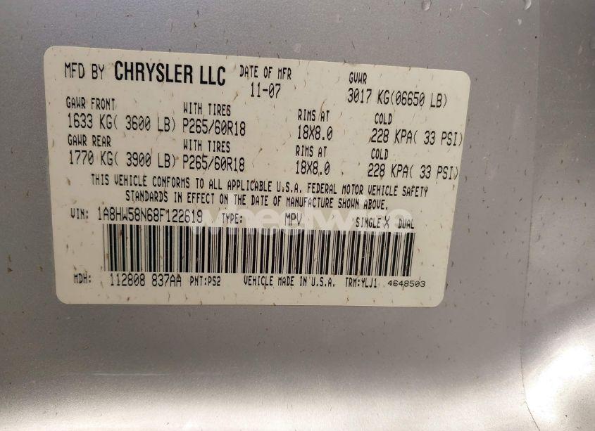 Photo 9 of 2008 Chrysler Aspen LIMITED (VIN 1A8HW58N68F122619)