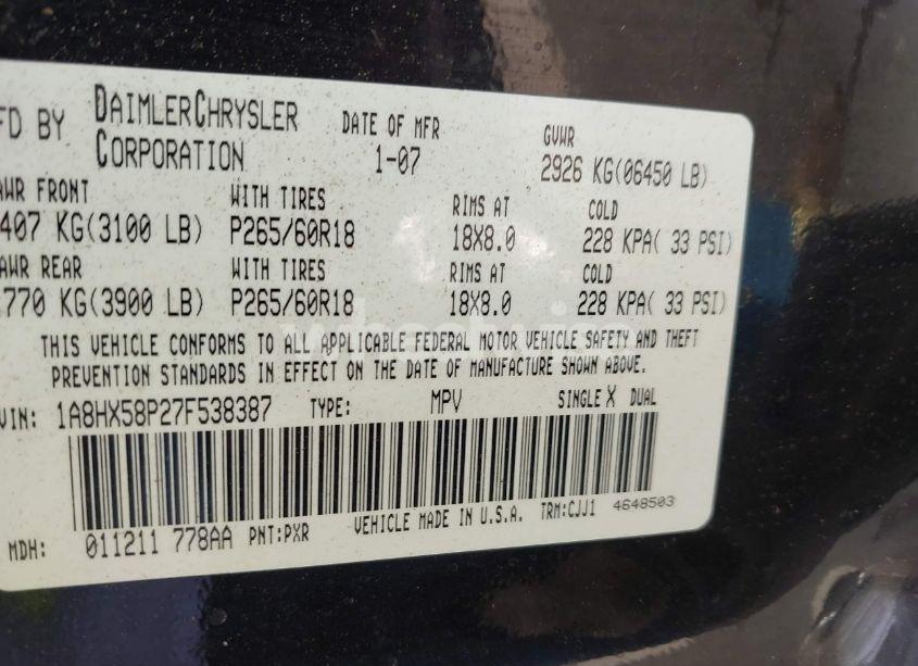 Photo 9 of 2007 Chrysler Aspen LIMITED (VIN 1A8HX58P27F538387)