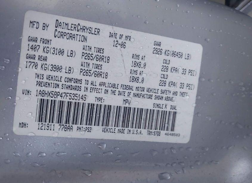 Photo 9 of 2007 Chrysler Aspen LIMITED (VIN 1A8HX58P47F535149)