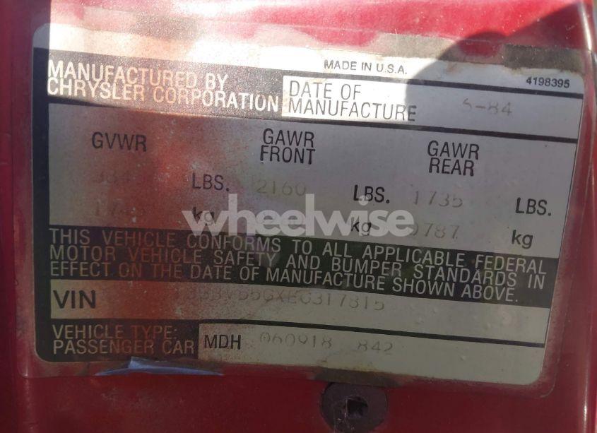 Photo 9 of 1984 Dodge 600 (VIN 1B3BV55GXEG317815)