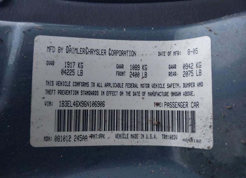 Photo 9 of 2006 Dodge Stratus SXT (VIN 1B3EL46X96N106906)