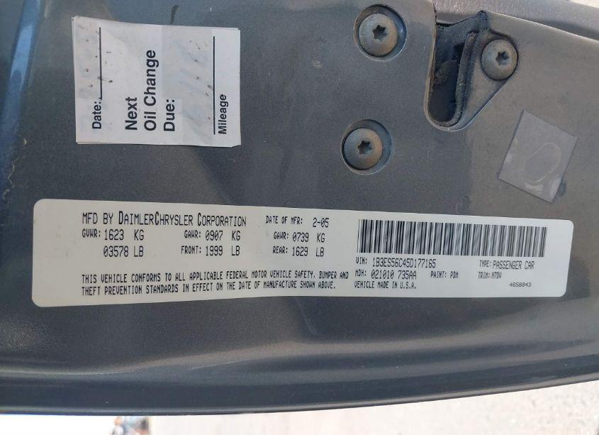 Photo 9 of 2005 Dodge Neon SXT (VIN 1B3ES56C45D177165)