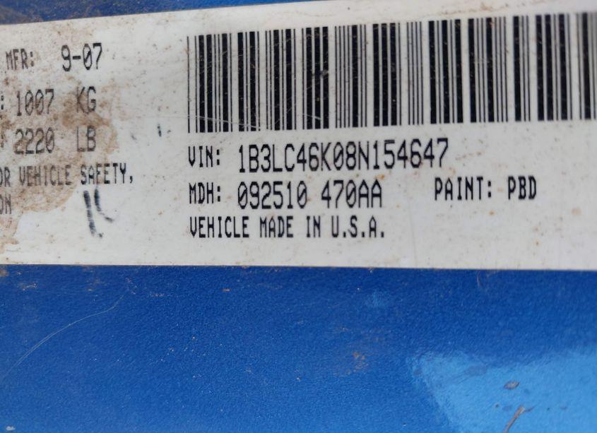 Photo 9 of 2008 Dodge Avenger SE (VIN 1B3LC46K08N154647)