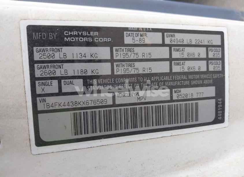 Photo 9 of 1989 Dodge Grand CARAVAN SE (VIN 1B4FK4438KX676509)