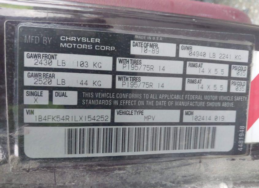 Photo 9 of 1990 Dodge Grand CARAVAN LE (VIN 1B4FK54R1LX154252)