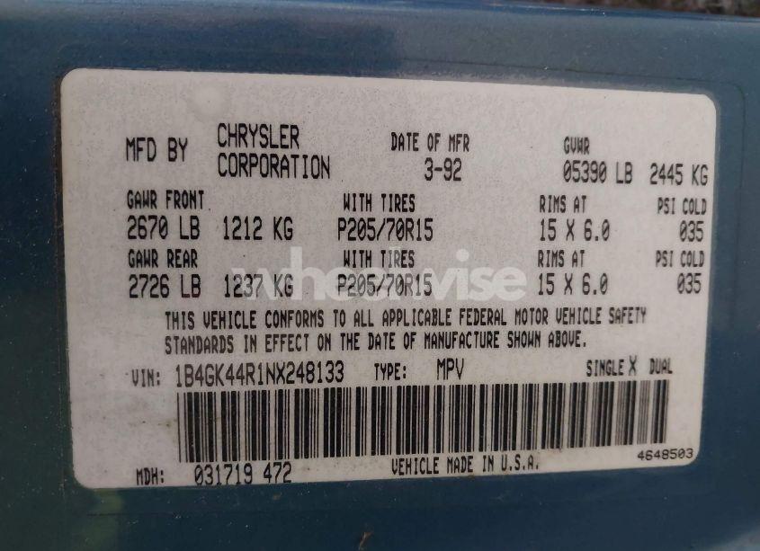 Photo 9 of 1992 Dodge Grand CARAVAN SE (VIN 1B4GK44R1NX248133)