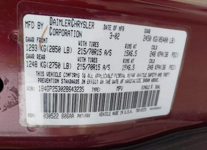Photo 9 of 2002 Dodge Caravan SE (VIN 1B4GP25302B643235)