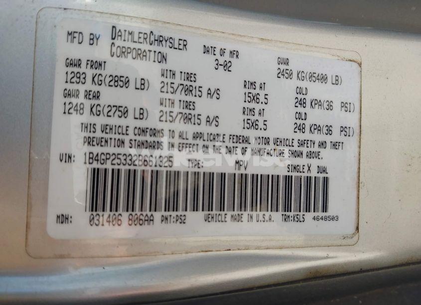 Photo 9 of 2002 Dodge Caravan SE (VIN 1B4GP25332B661325)