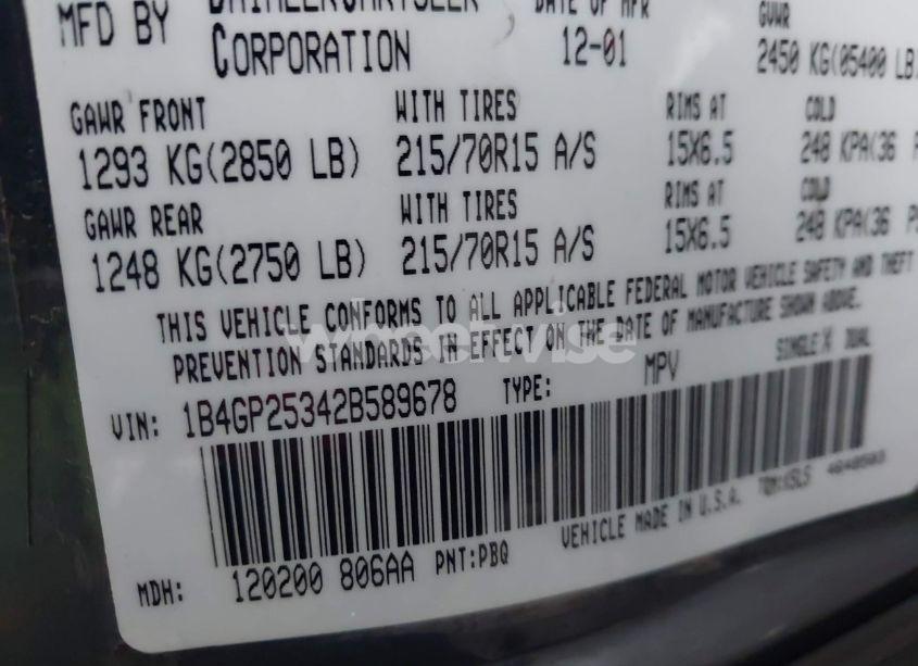 Photo 9 of 2002 Dodge Caravan SE (VIN 1B4GP25342B589678)