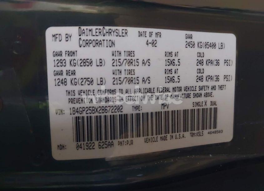 Photo 9 of 2002 Dodge Caravan SE (VIN 1B4GP25BX2B672202)