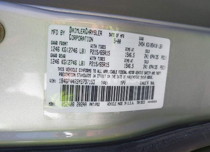 Photo 9 of 2000 Dodge Grand CARAVAN SE (VIN 1B4GP44R5YB737153)