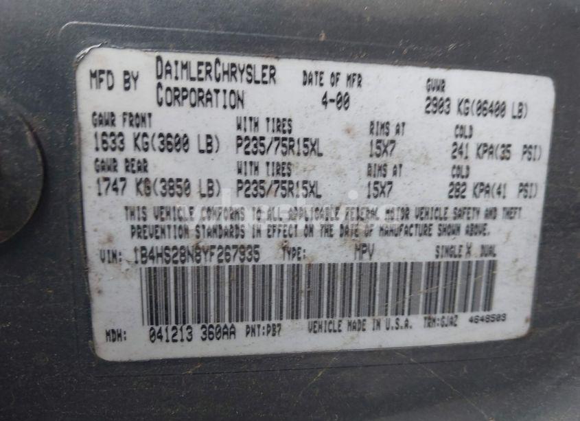 Photo 9 of 2000 Dodge Durango (VIN 1B4HS28N8YF267935)