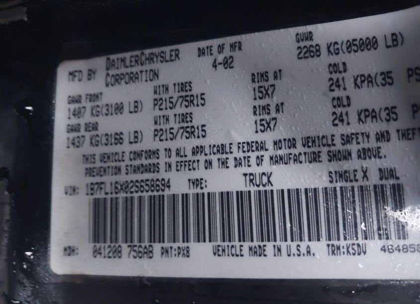 Photo 9 of 2002 Dodge Dakota (VIN 1B7FL16X02S658694)