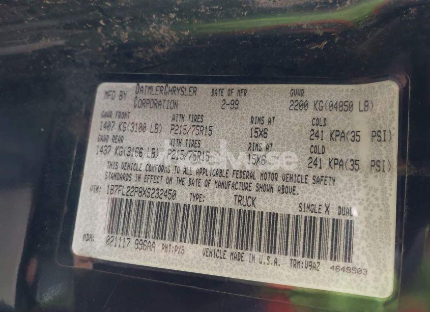 Photo 9 of 1999 Dodge Dakota SPORT (VIN 1B7FL22P8XS232450)