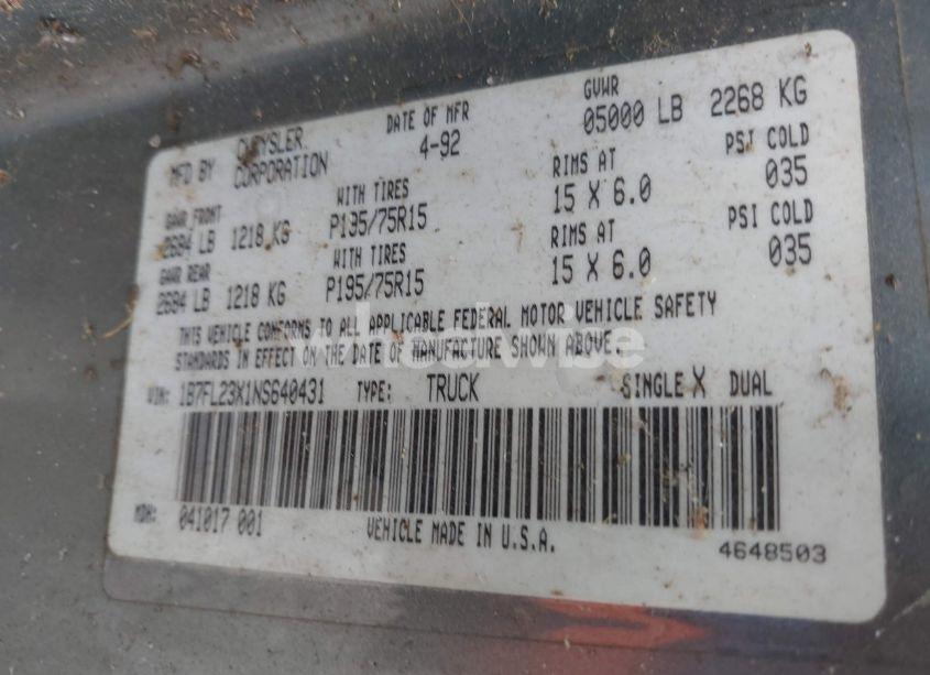 Photo 9 of 1992 Dodge Dakota (VIN 1B7FL23X1NS640431)