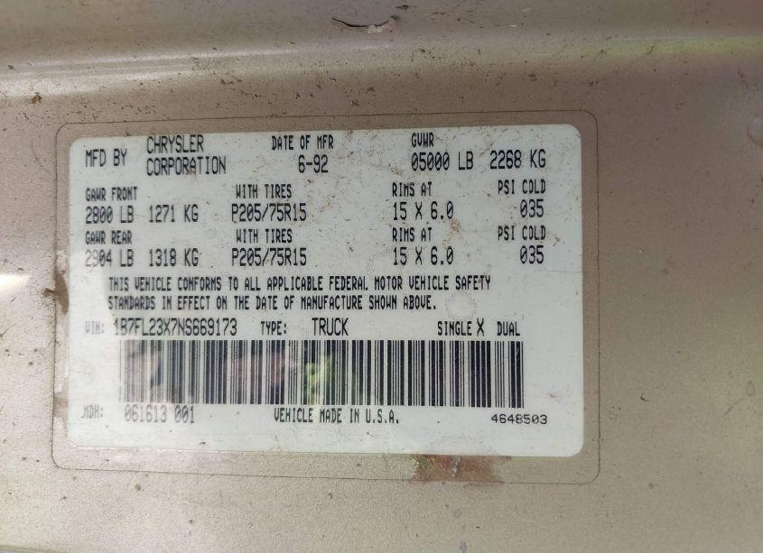 Photo 9 of 1992 Dodge Dakota (VIN 1B7FL23X7NS669173)