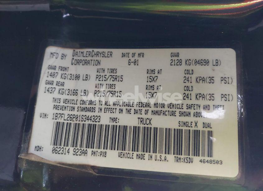 Photo 9 of 2001 Dodge Dakota SPORT (VIN 1B7FL26P01S344323)