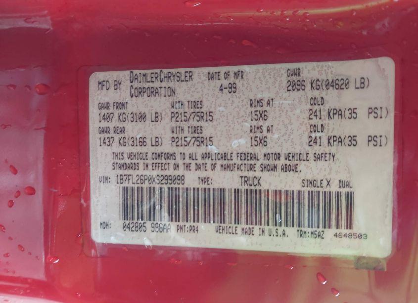 Photo 9 of 1999 Dodge Dakota SPORT (VIN 1B7FL26P0XS299098)