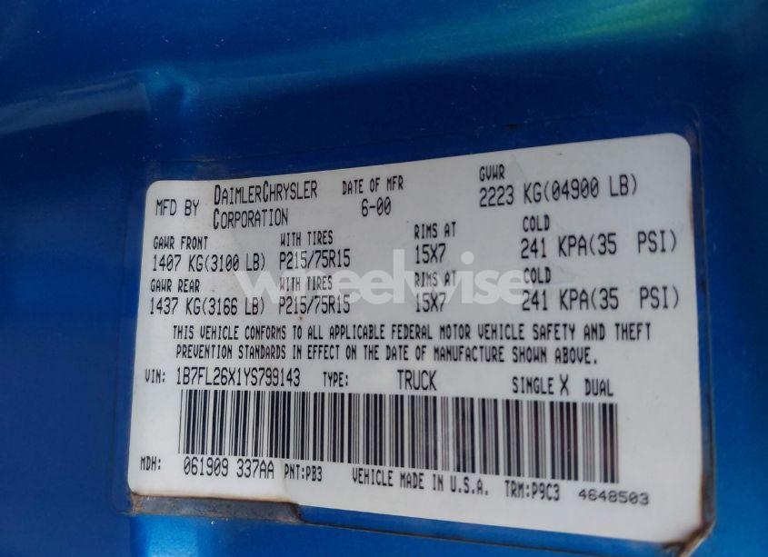 Photo 9 of 2000 Dodge Dakota SLT/SPORT (VIN 1B7FL26X1YS799143)