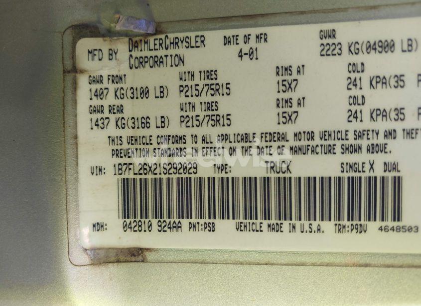 Photo 9 of 2001 Dodge Dakota SLT/SPORT (VIN 1B7FL26X21S292029)