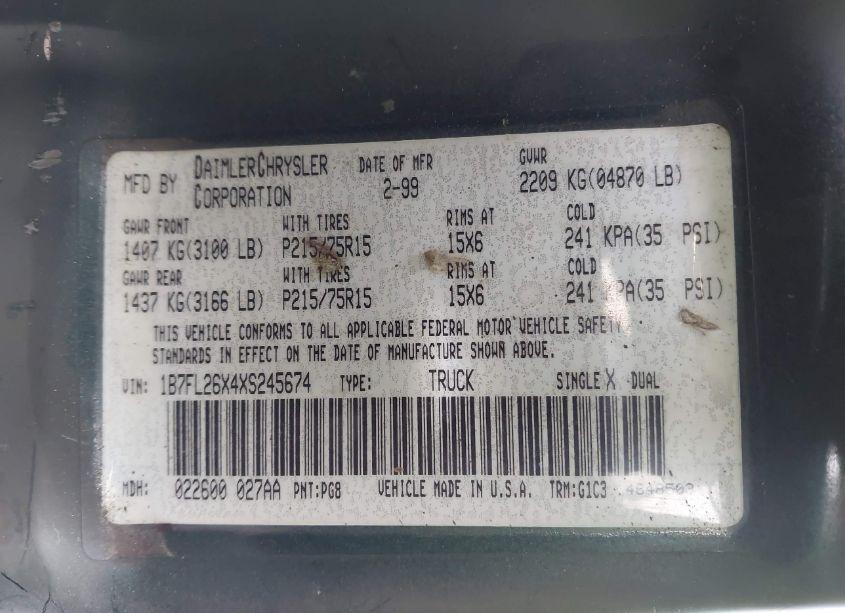 Photo 9 of 1999 Dodge Dakota SLT/SPORT (VIN 1B7FL26X4XS245674)