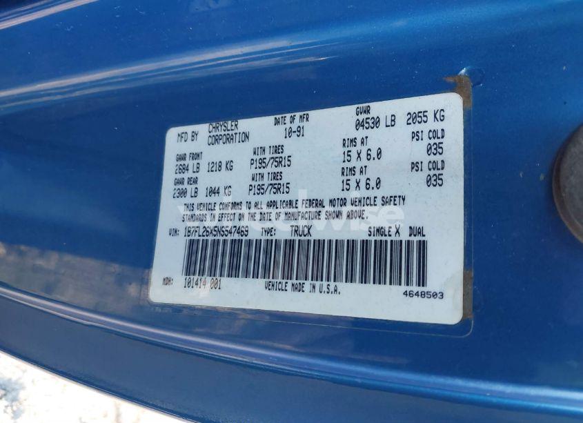 Photo 9 of 1992 Dodge Dakota (VIN 1B7FL26X5NS547469)