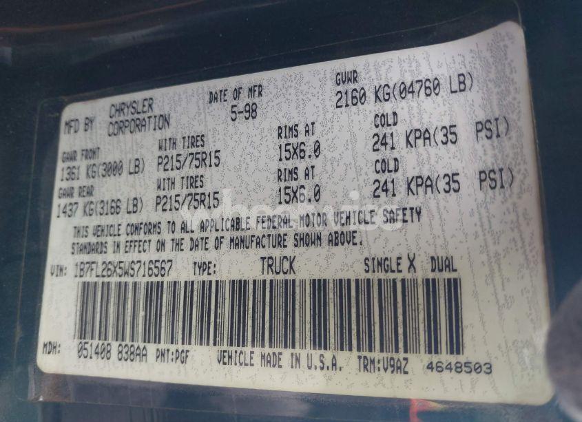 Photo 9 of 1998 Dodge Dakota SLT/SPORT (VIN 1B7FL26X5WS716567)