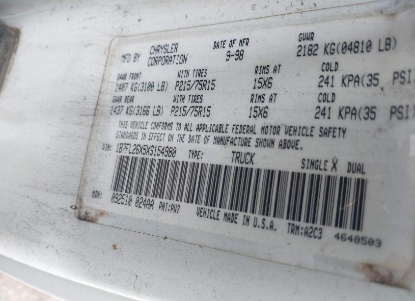 Photo 9 of 1999 Dodge Dakota SLT/SPORT (VIN 1B7FL26X5XS154980)