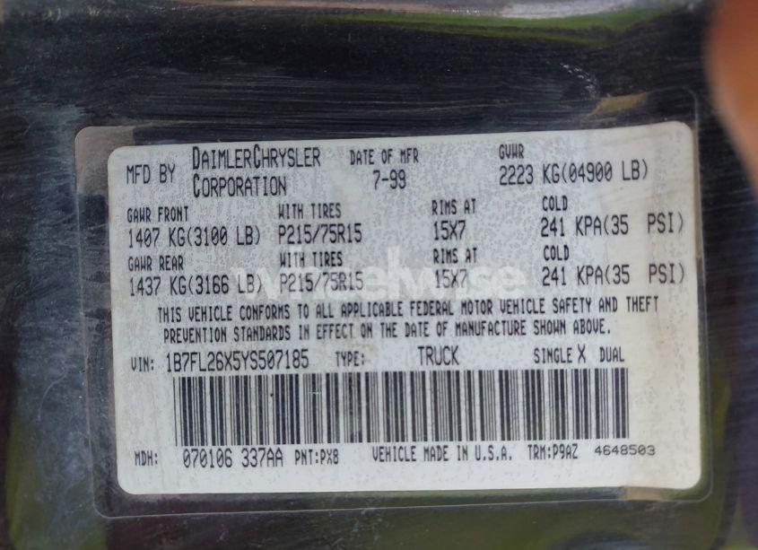 Photo 9 of 2000 Dodge Dakota SLT/SPORT (VIN 1B7FL26X5YS507185)