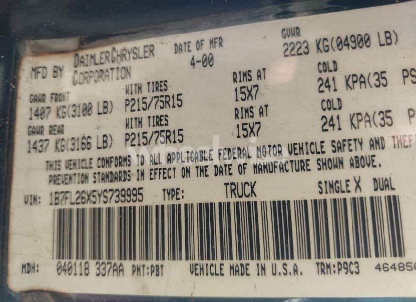 Photo 9 of 2000 Dodge Dakota SLT/SPORT (VIN 1B7FL26X5YS739995)