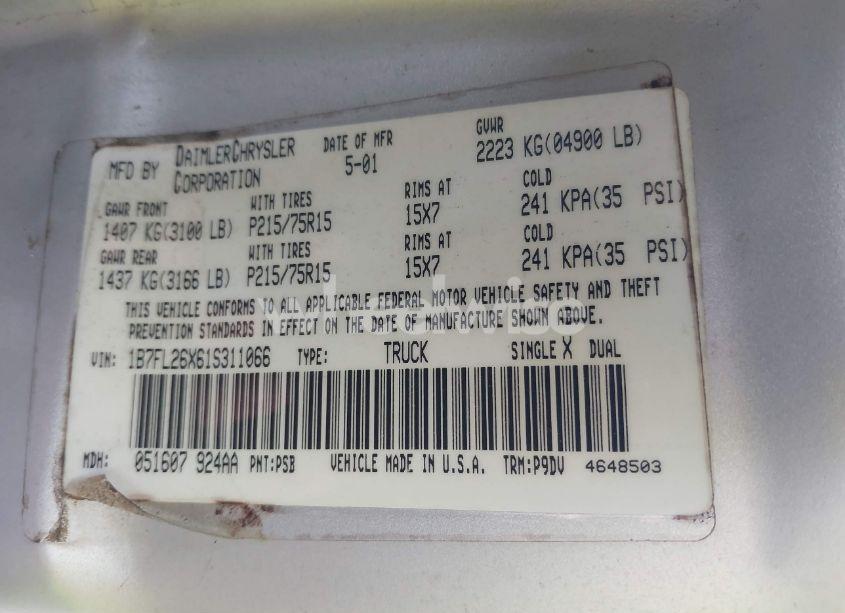 Photo 9 of 2001 Dodge Dakota SLT/SPORT (VIN 1B7FL26X61S311066)