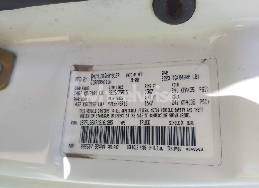 Photo 9 of 2001 Dodge Dakota SLT/SPORT (VIN 1B7FL26X71S161985)