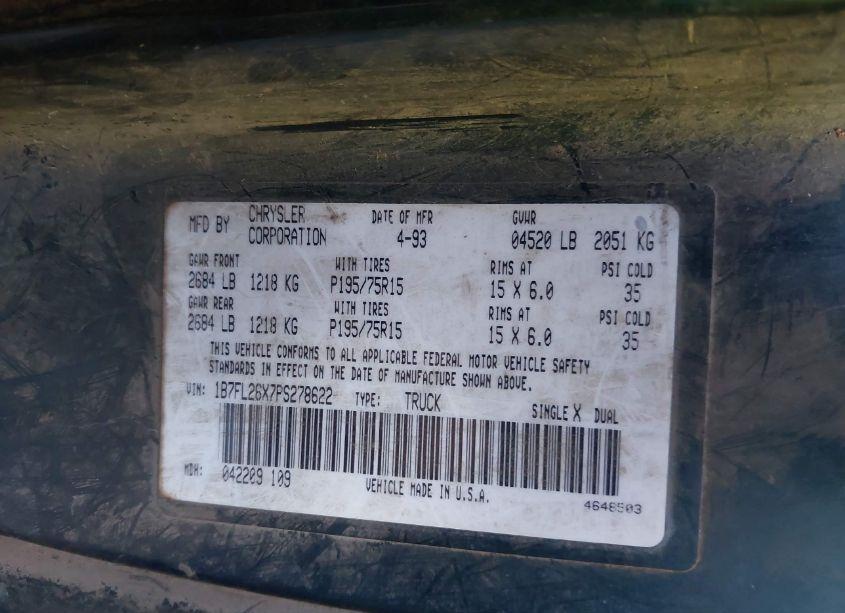 Photo 9 of 1993 Dodge Dakota (VIN 1B7FL26X7PS278622)