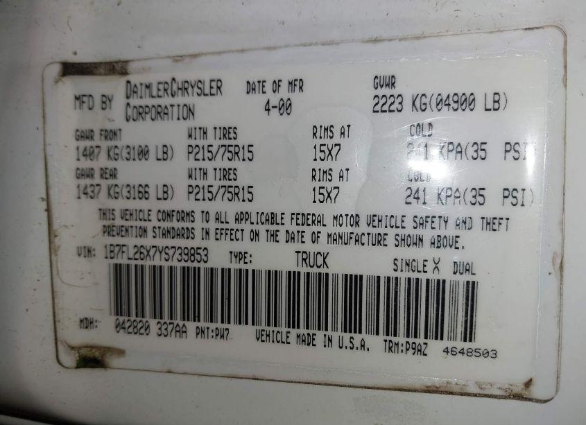 Photo 9 of 2000 Dodge Dakota SLT/SPORT (VIN 1B7FL26X7YS739853)